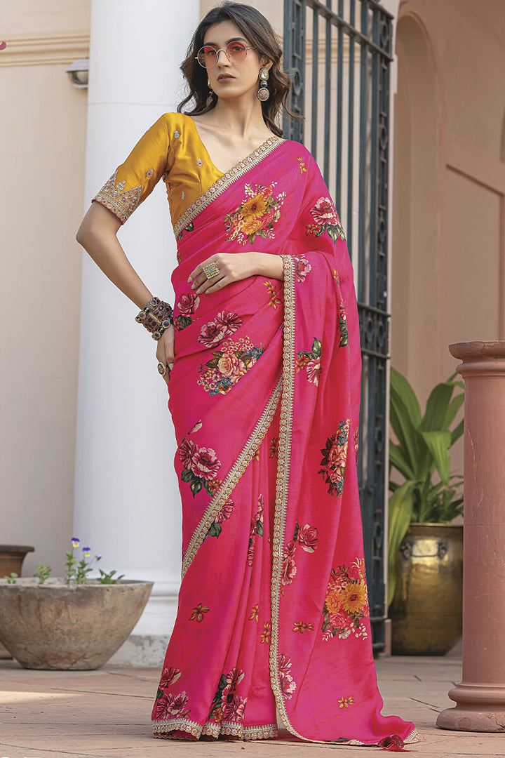 Tulip Pink Printed Pure Viscose Dola Silk Saree
