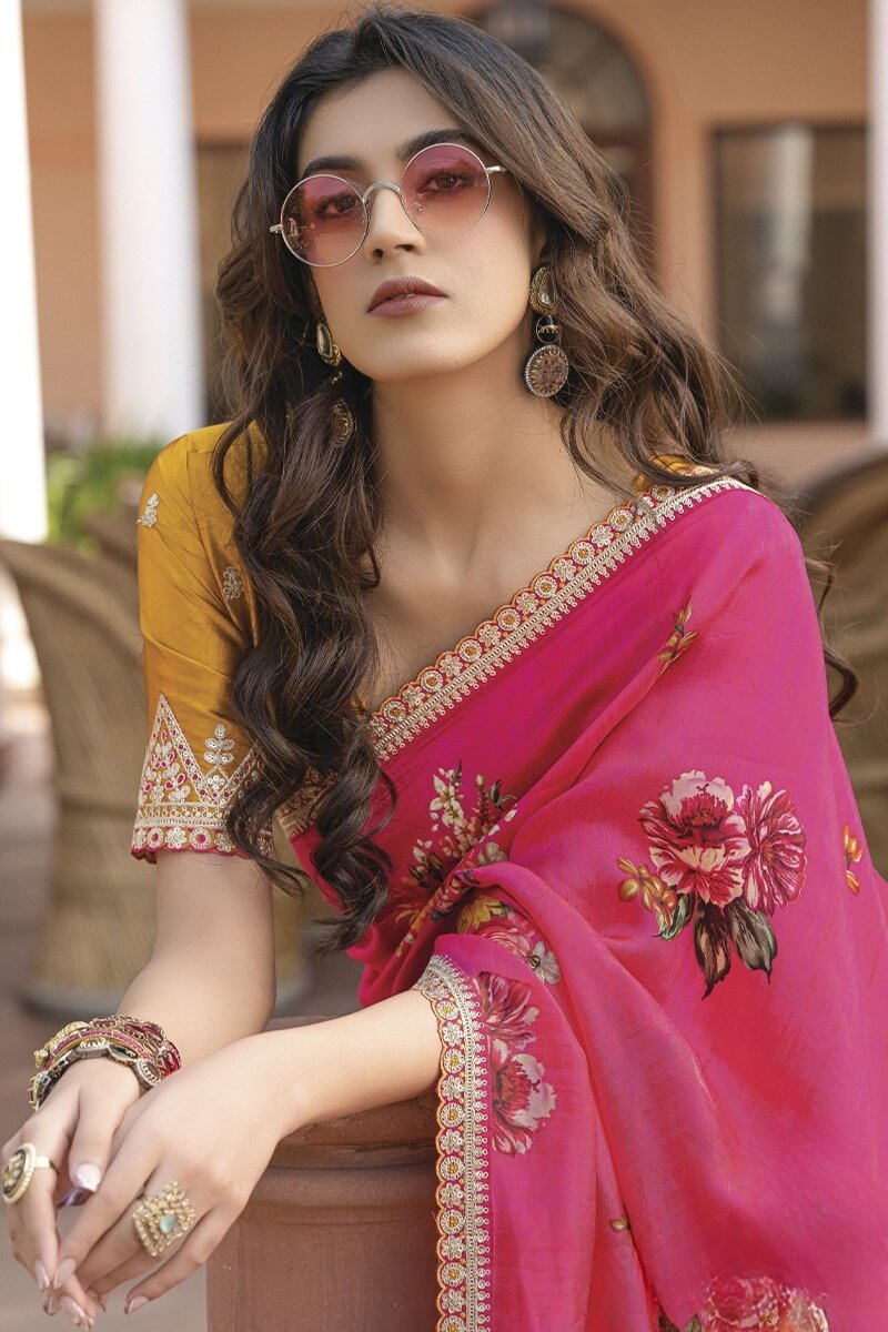 Tulip Pink Printed Pure Viscose Dola Silk Saree