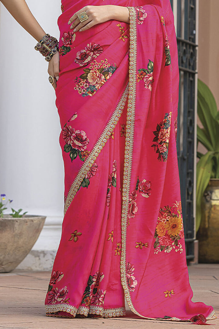 Tulip Pink Printed Pure Viscose Dola Silk Saree