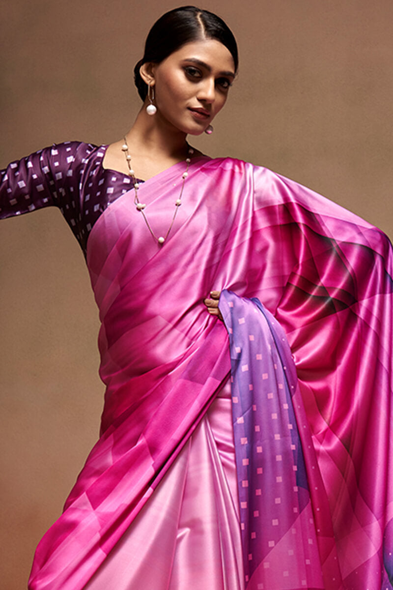 Tulip Pink Printed Satin Silk Saree