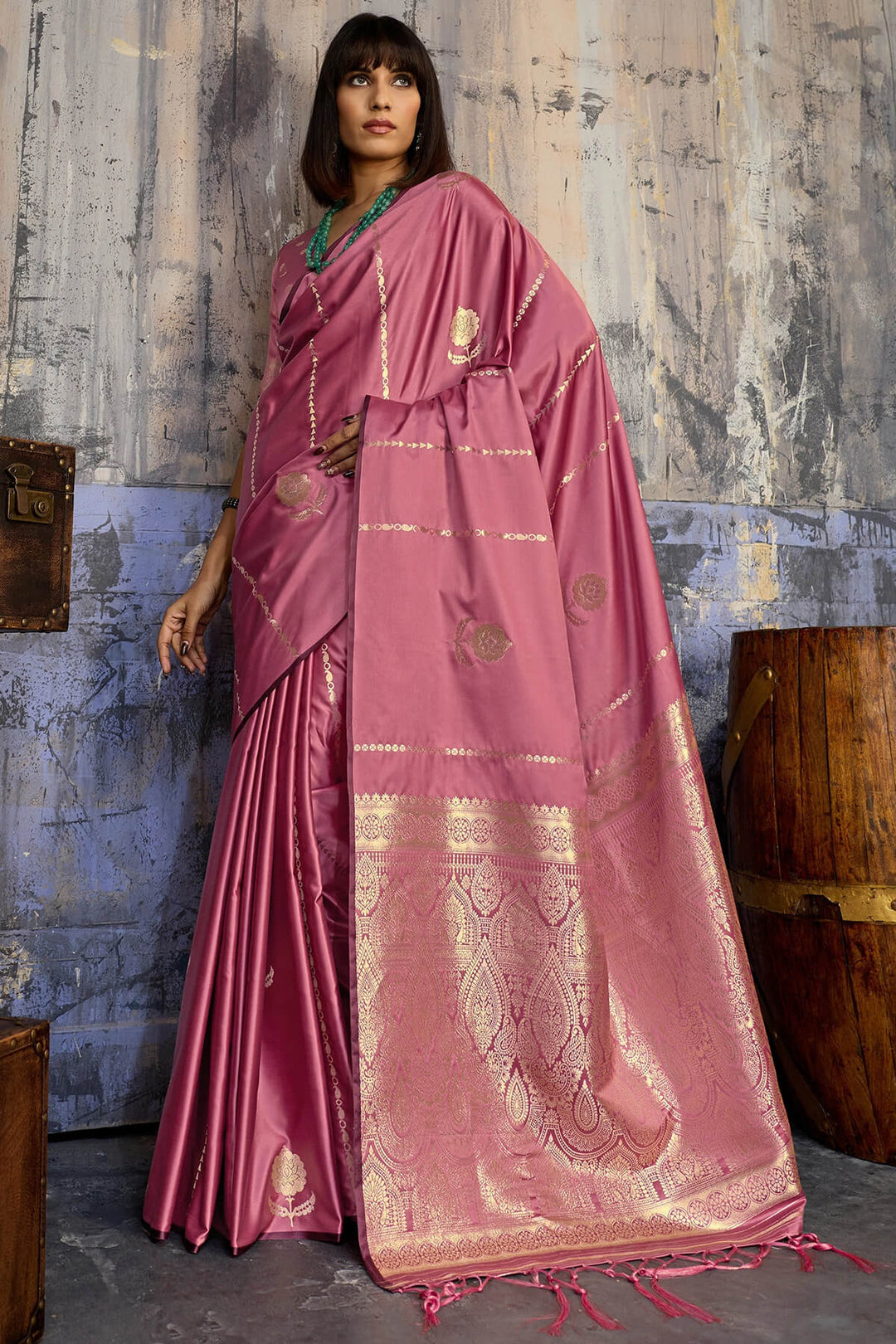 Tulip Pink Zari woven Banarasi Satin silk saree