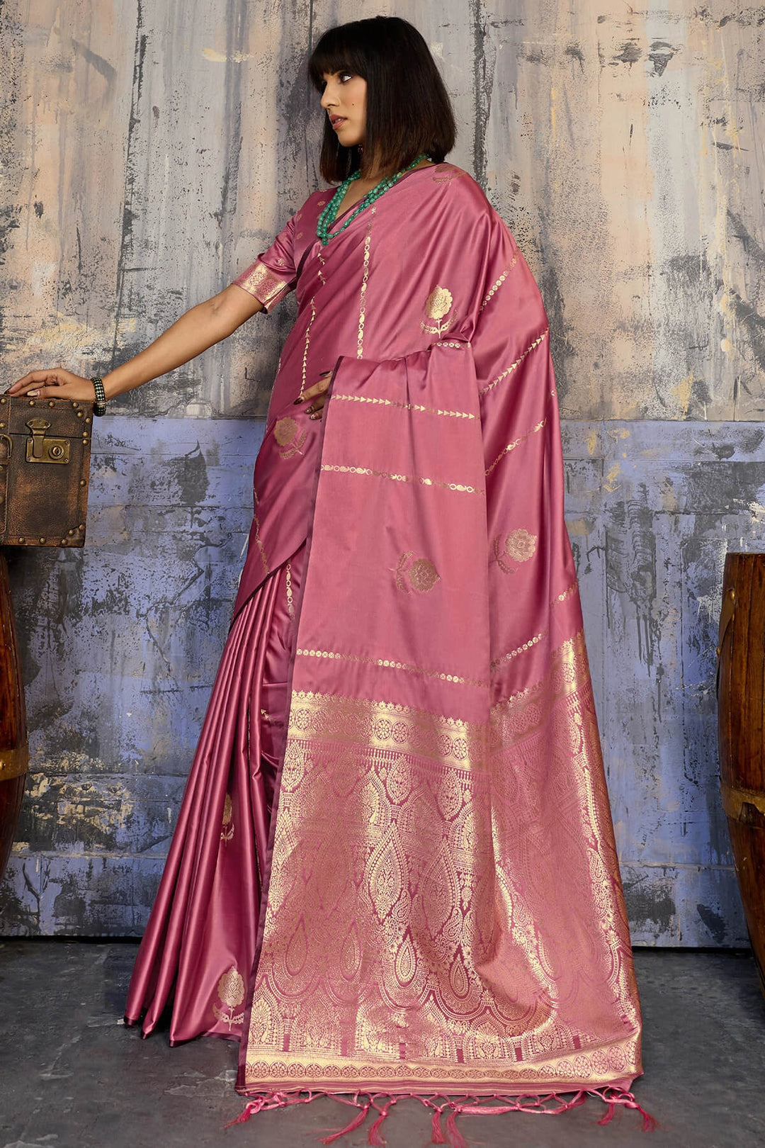 Tulip Pink Zari woven Banarasi Satin silk saree