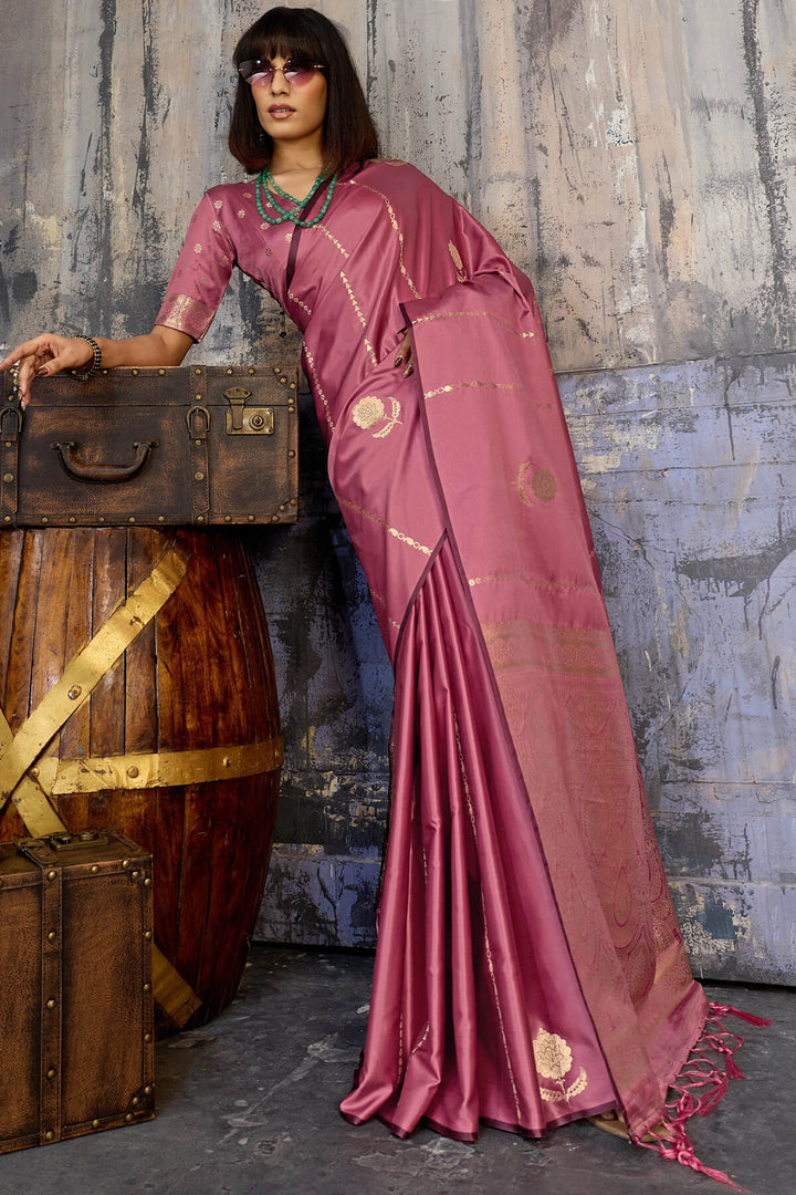 Tulip Pink Zari woven Banarasi Satin silk saree