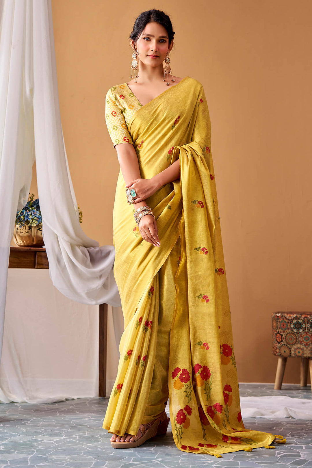 Tulip Tree Yellow Zari Woven Banarasi Tissue Silk Saree