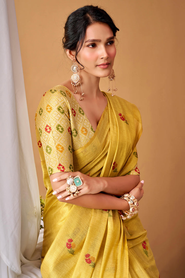 Tulip Tree Yellow Zari Woven Banarasi Tissue Silk Saree