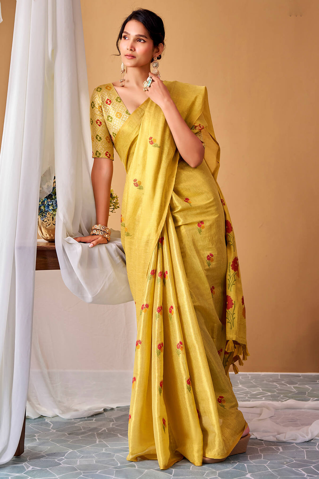 Tulip Tree Yellow Zari Woven Banarasi Tissue Silk Saree