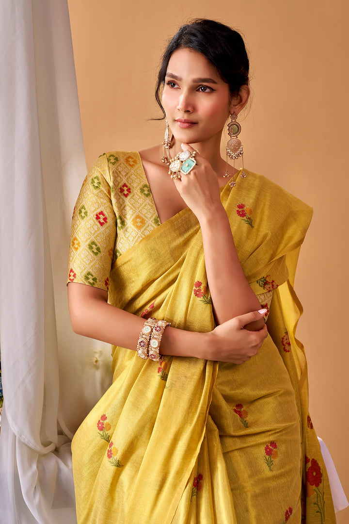 Tulip Tree Yellow Zari Woven Banarasi Tissue Silk Saree