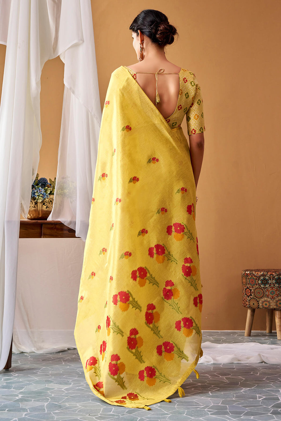 Tulip Tree Yellow Zari Woven Banarasi Tissue Silk Saree