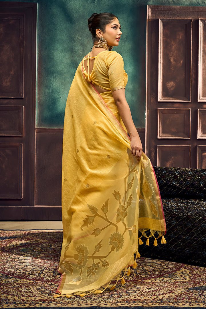 Tulip Yellow Zari Woven Pure Munga Cotton saree