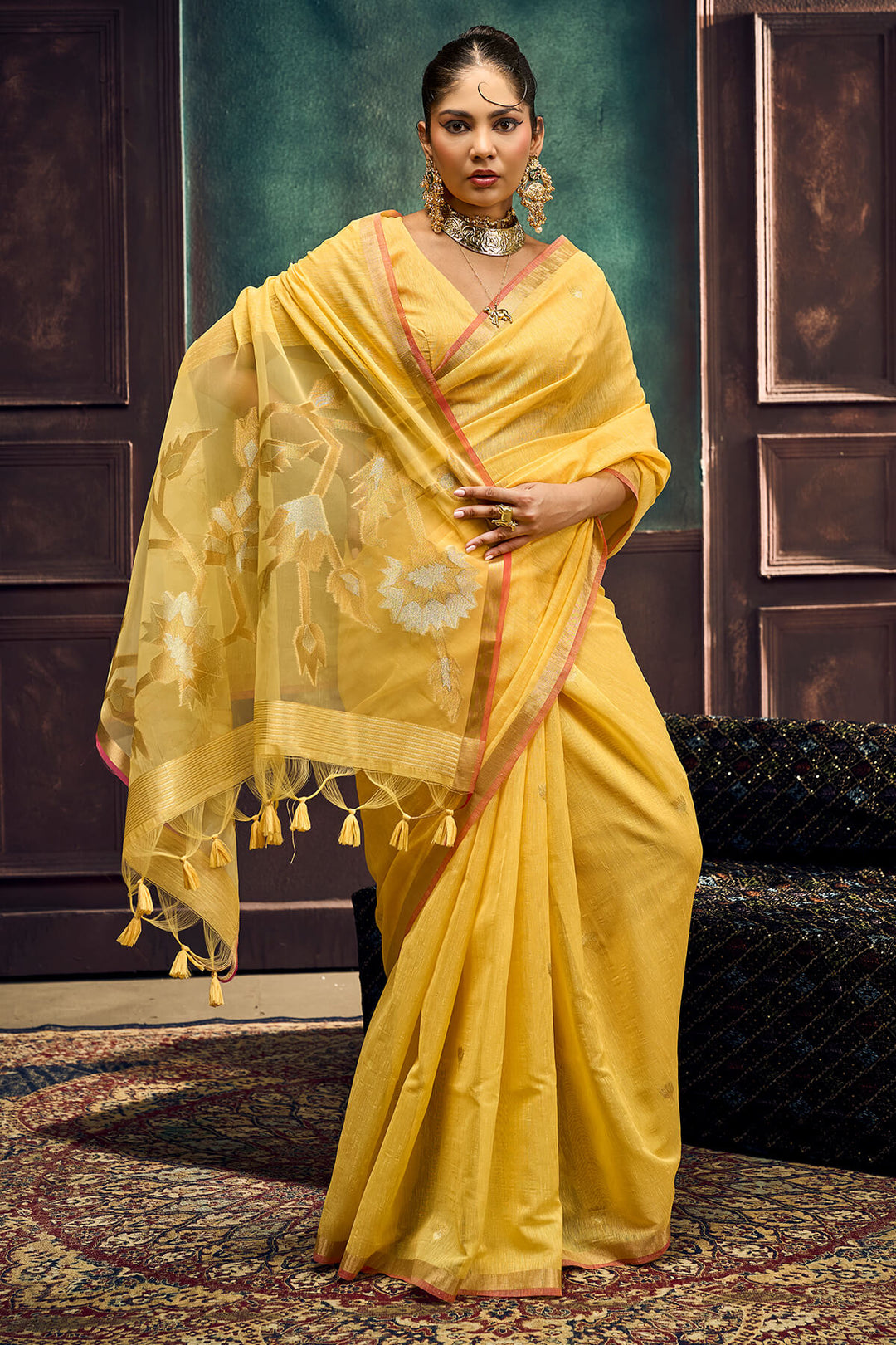 Tulip Yellow Zari Woven Pure Munga Cotton saree