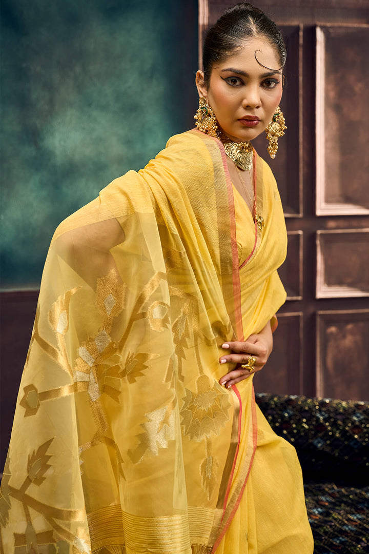 Tulip Yellow Zari Woven Pure Munga Cotton saree
