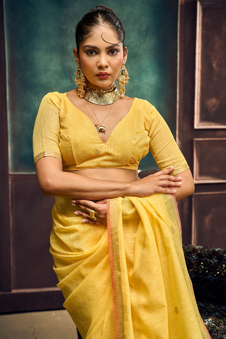 Tulip Yellow Zari Woven Pure Munga Cotton saree