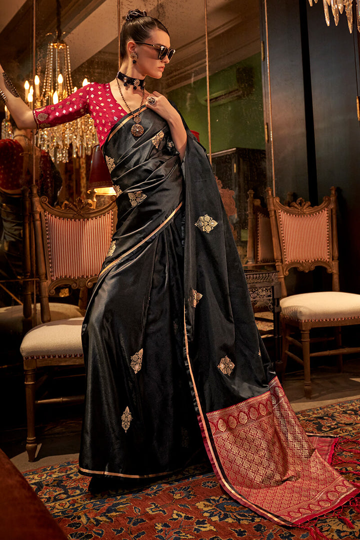 Tuna Black Banarasi Satin Silk Saree