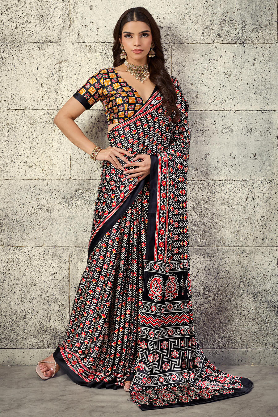 Tuna Black Printed Semi Modal Satin Silk Saree