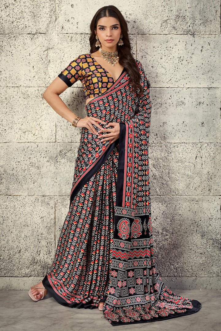 Tuna Black Printed Semi Modal Satin Silk Saree