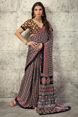Tuna Black Printed Semi Modal Satin Silk Saree