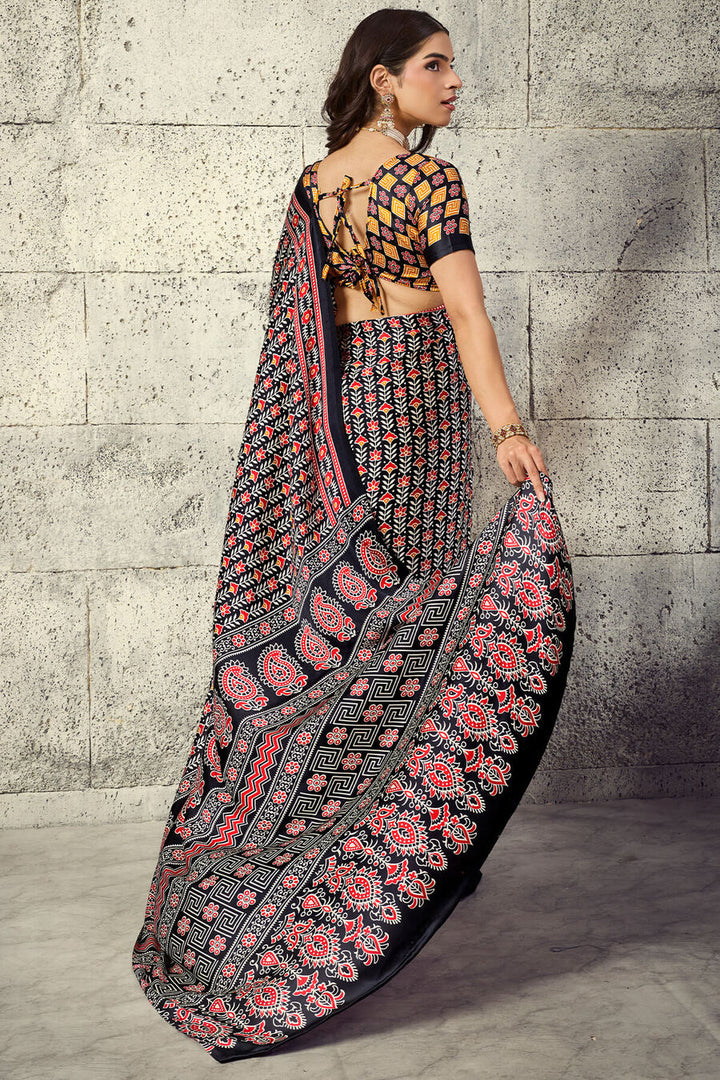 Tuna Black Printed Semi Modal Satin Silk Saree