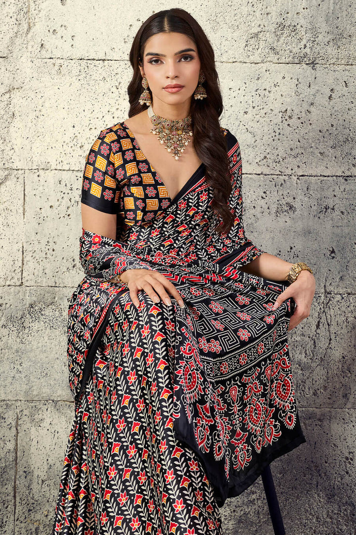 Tuna Black Printed Semi Modal Satin Silk Saree