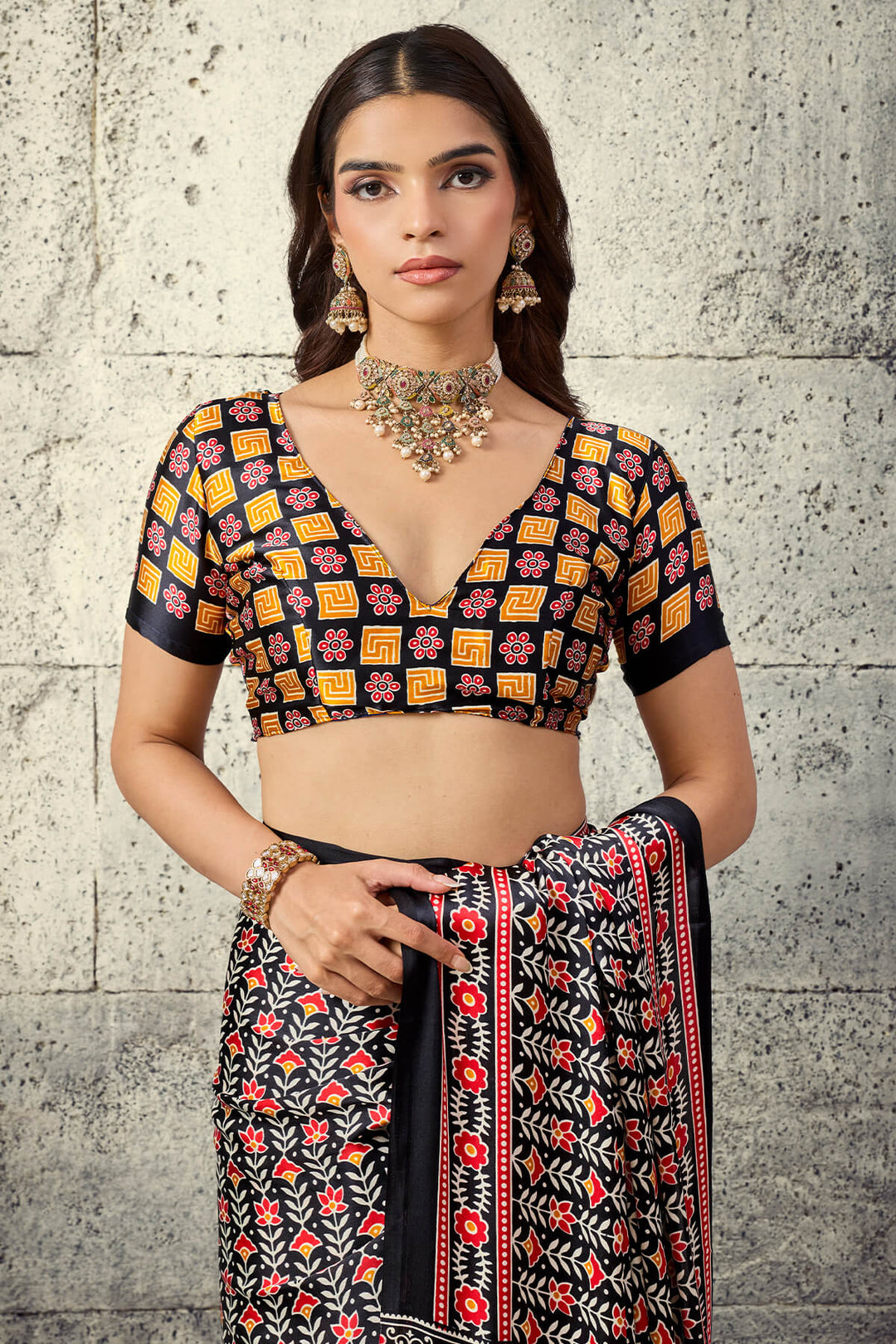 Tuna Black Printed Semi Modal Satin Silk Saree