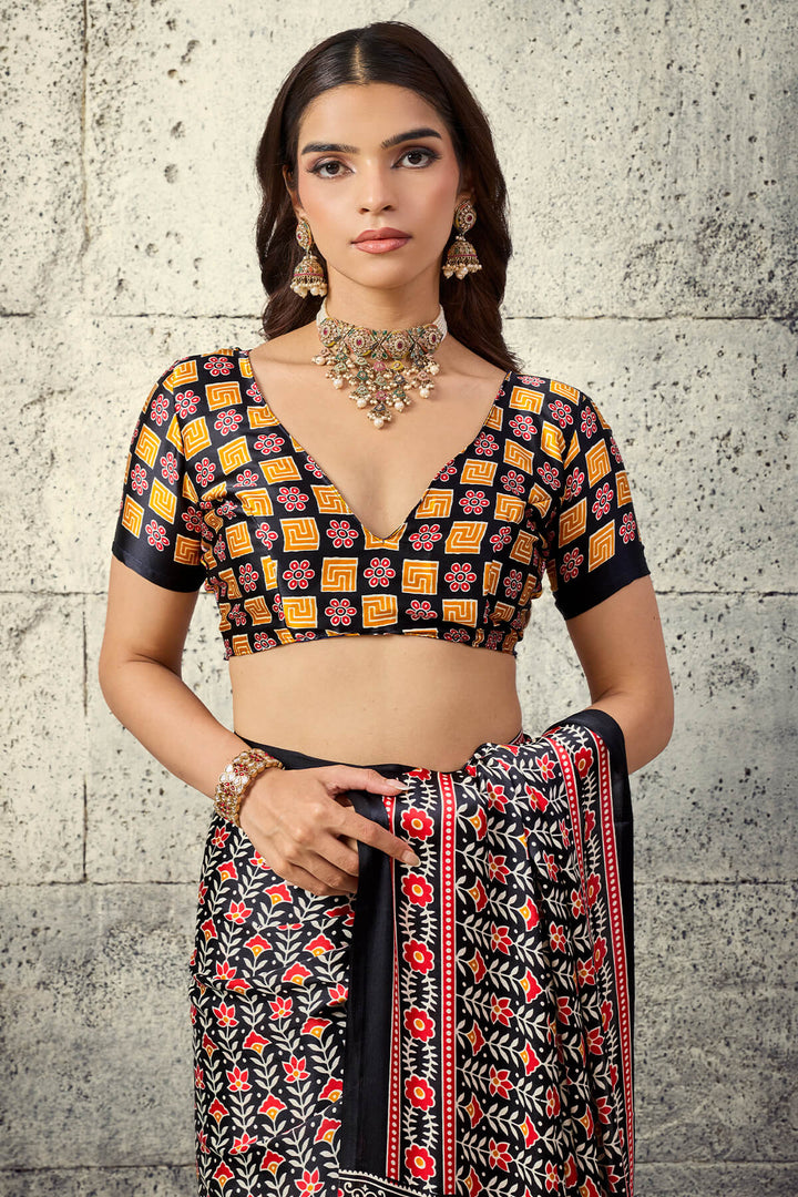 Tuna Black Printed Semi Modal Satin Silk Saree