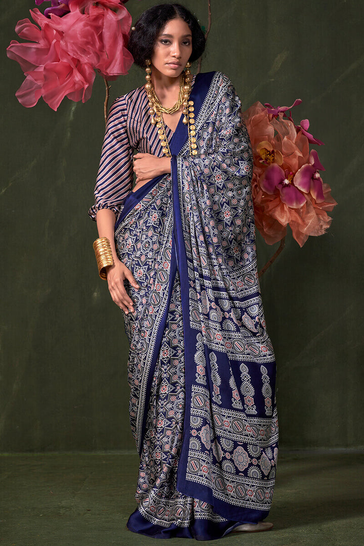 Tuna Blue Ajrakh Printed Satin Silk Saree