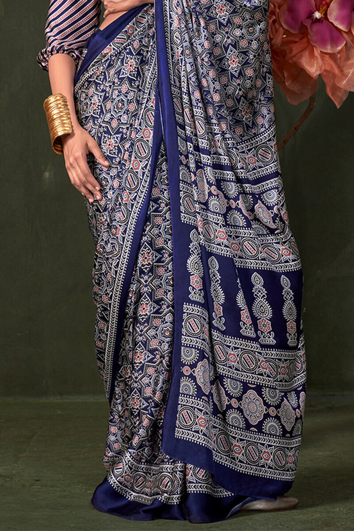 Tuna Blue Ajrakh Printed Satin Silk Saree