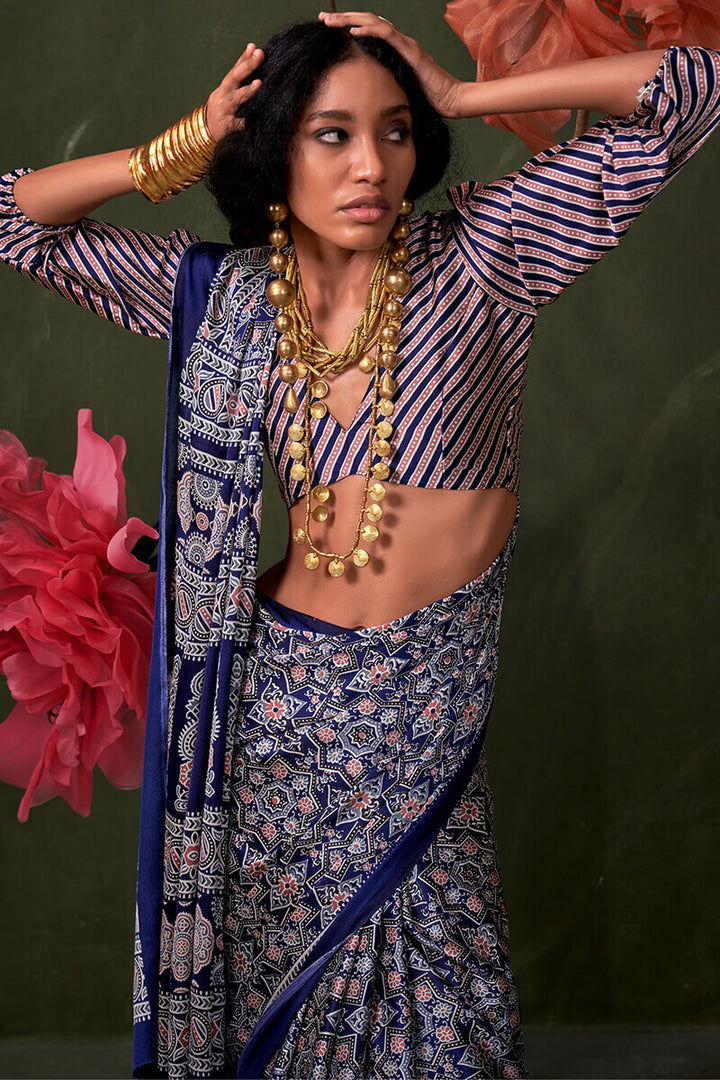 Tuna Blue Ajrakh Printed Satin Silk Saree