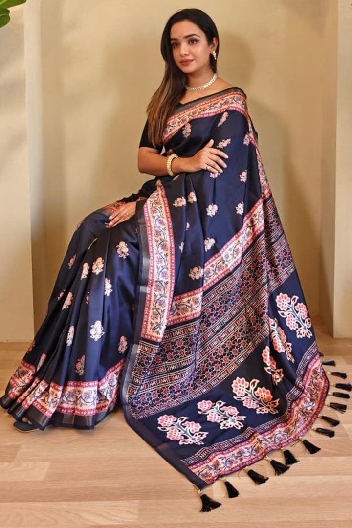 Tuna Blue Digital Printed Dola Viscose Saree