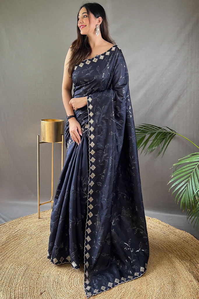 Tuna Blue Embroidered SequenceWork Soft Silk Saree