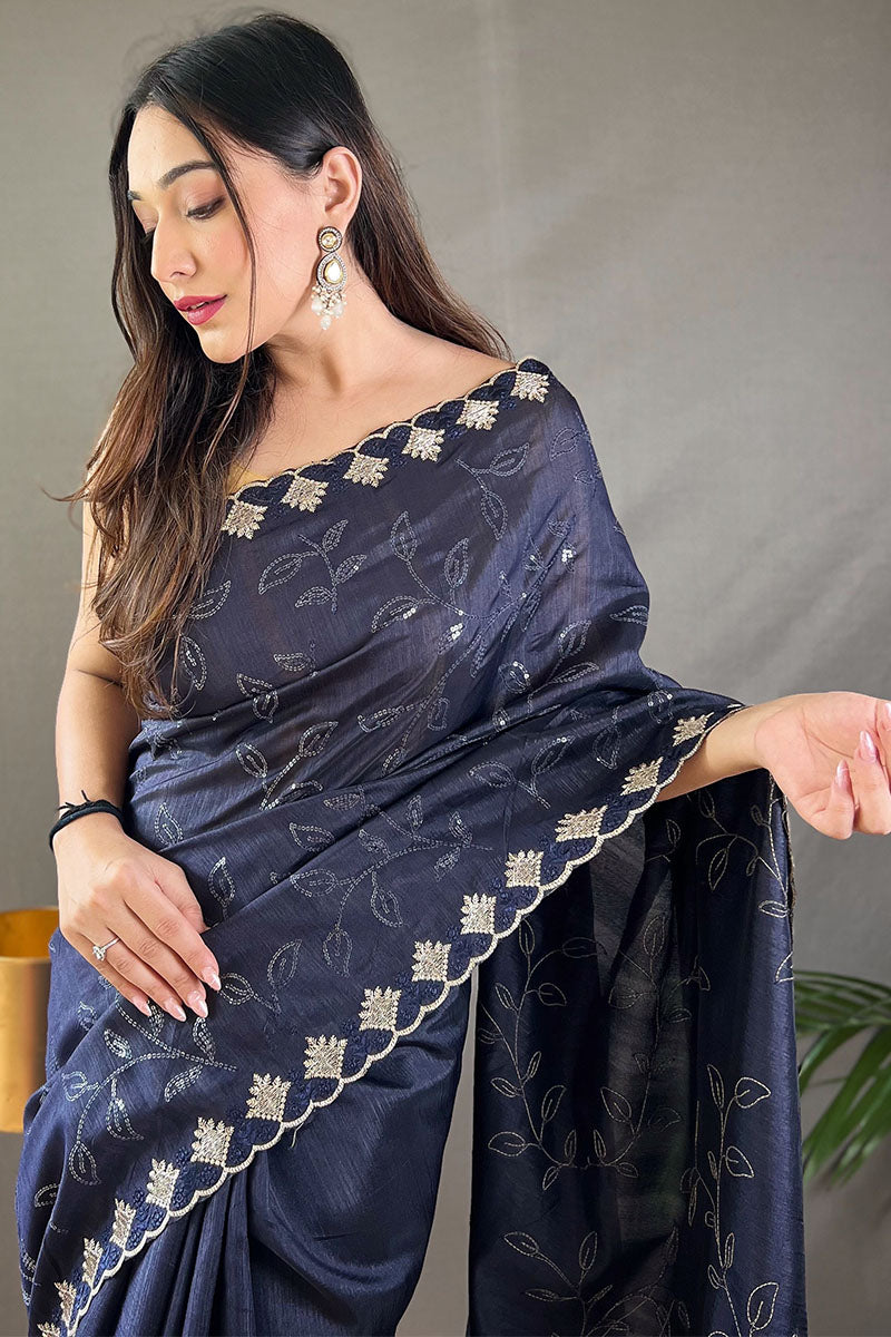 Tuna Blue Embroidered SequenceWork Soft Silk Saree