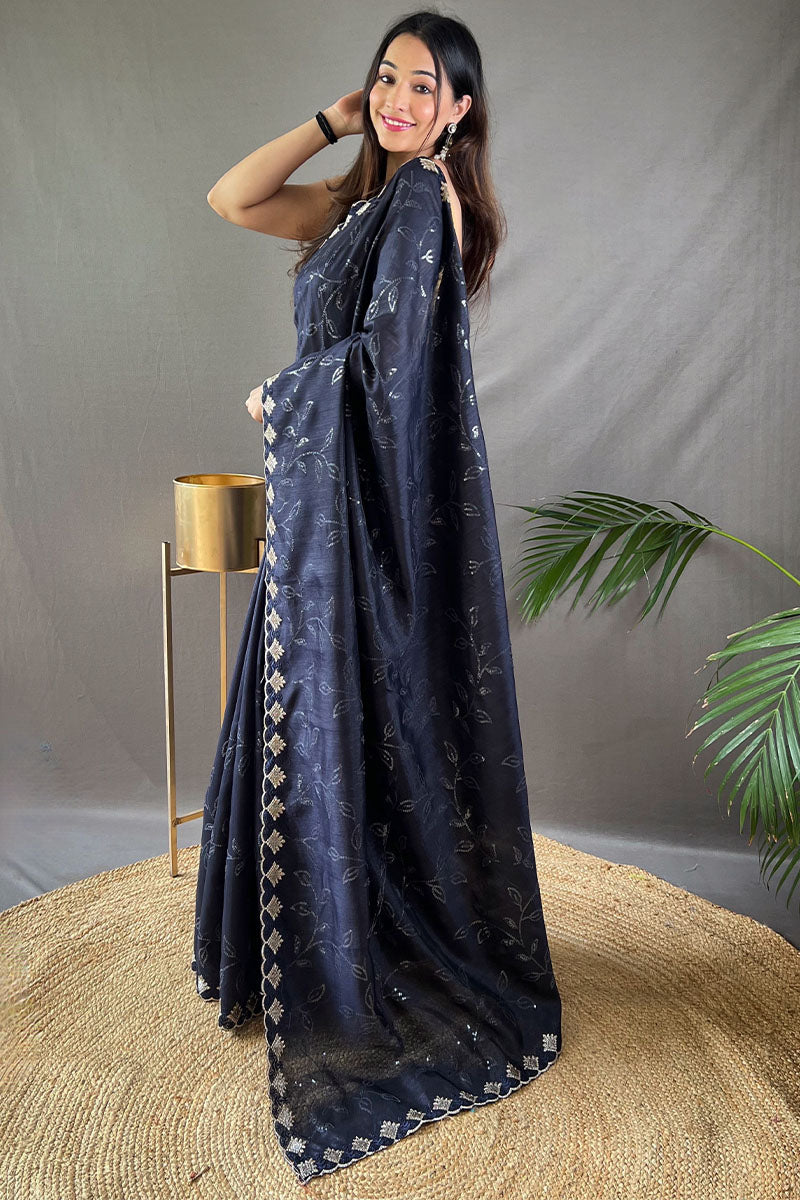 Tuna Blue Embroidered SequenceWork Soft Silk Saree