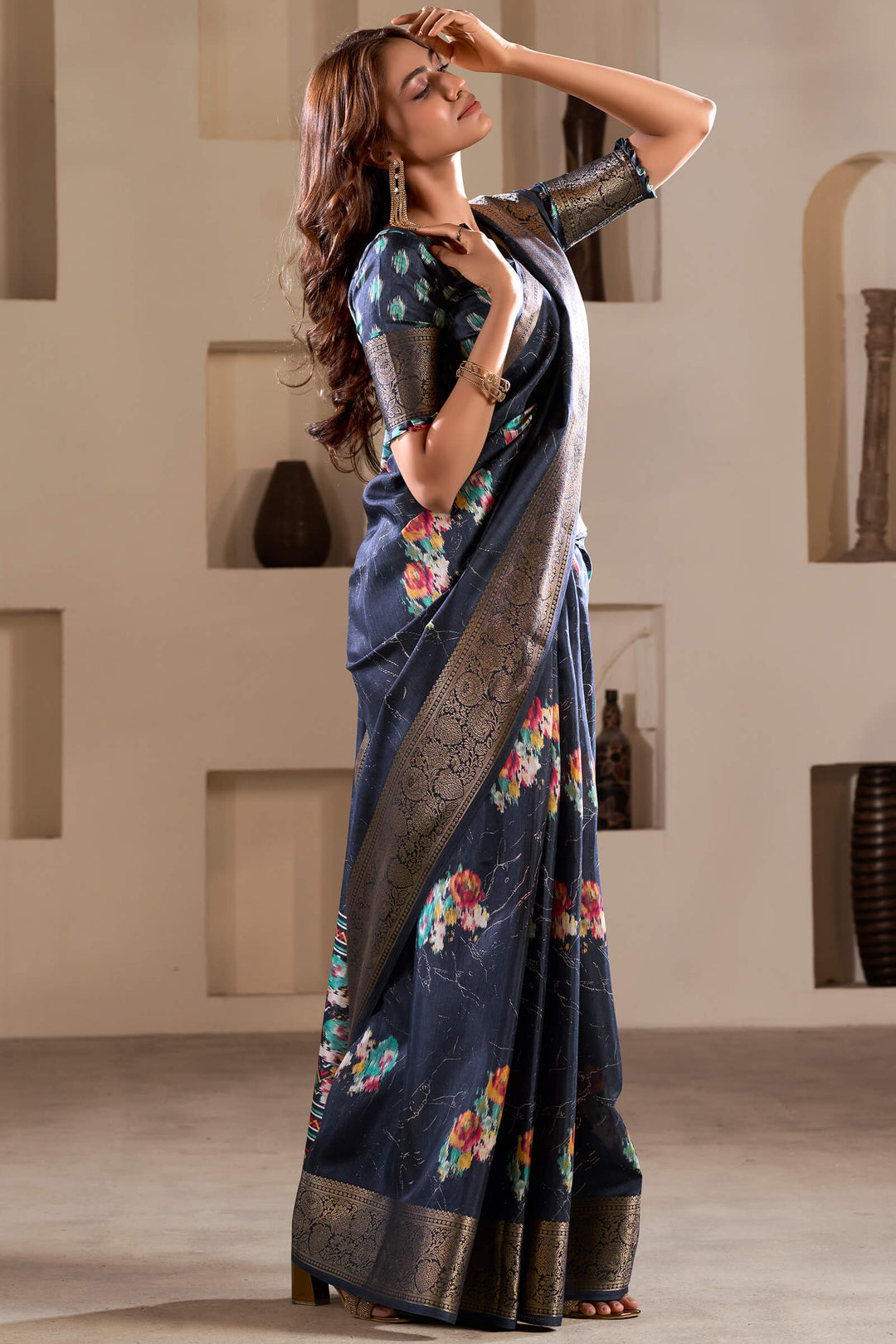 Tuna Blue Foil Printed Dola Silk Saree