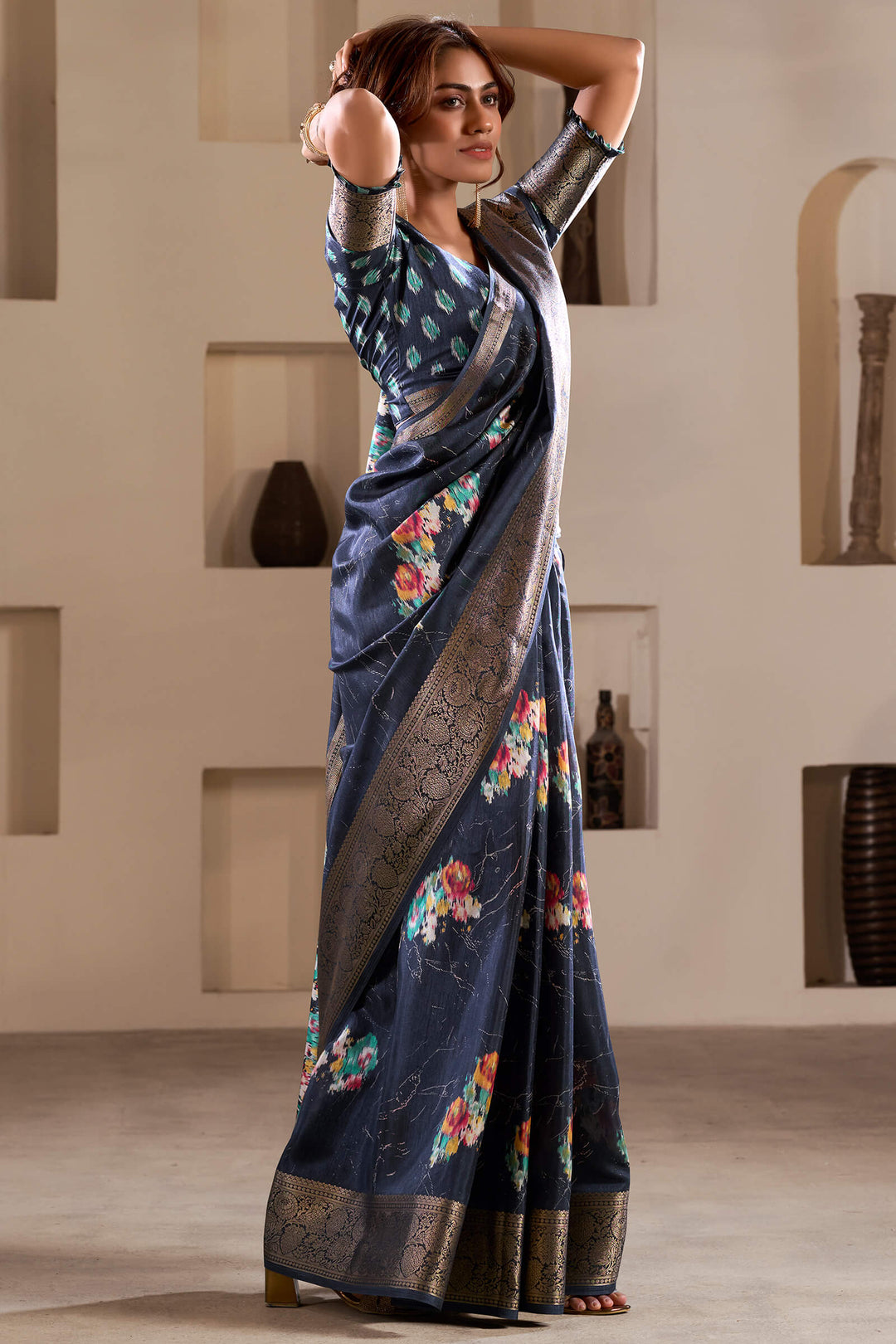 Tuna Blue Foil Printed Dola Silk Saree