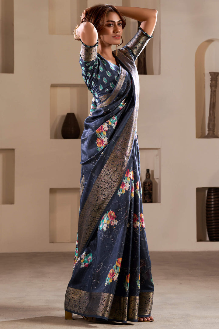 Tuna Blue Foil Printed Dola Silk Saree