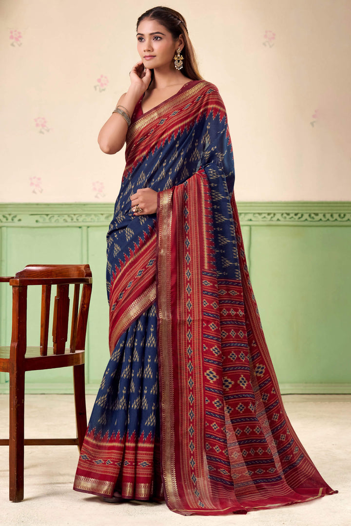 Tuna Blue Printed Mul cotton Silk Saree
