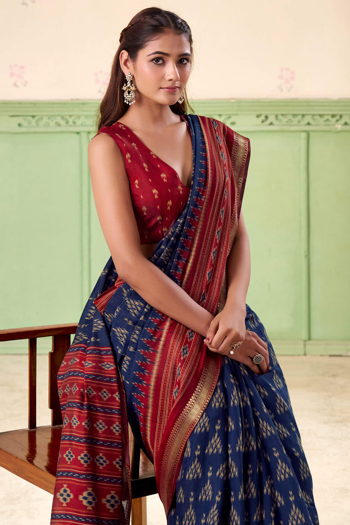Tuna Blue Printed Mul cotton Silk Saree