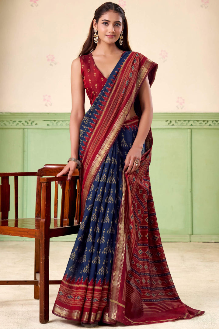 Tuna Blue Printed Mul cotton Silk Saree