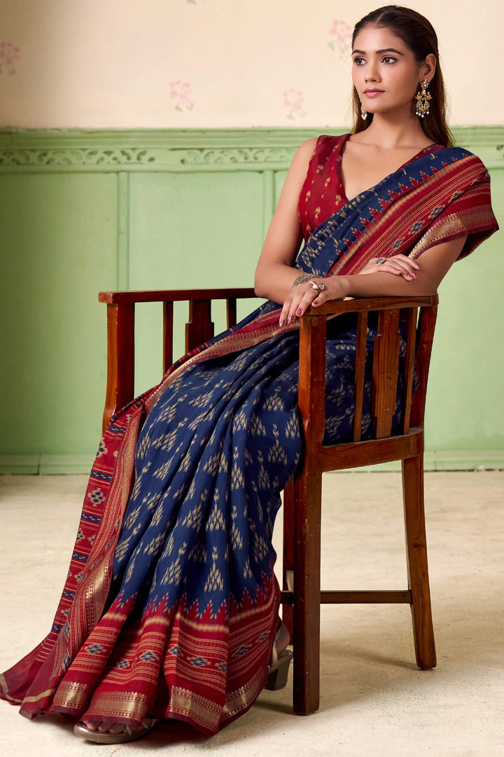 Tuna Blue Printed Mul cotton Silk Saree