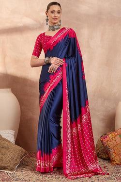 Tuna Blue Printed Satin Silk Saree
