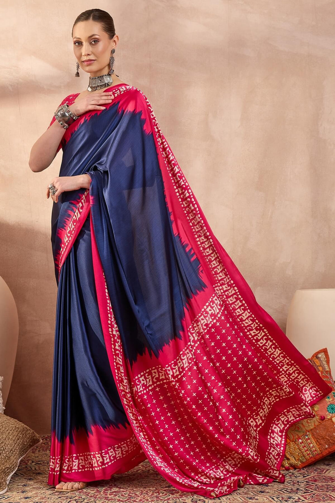 Tuna Blue Printed Satin Silk Saree