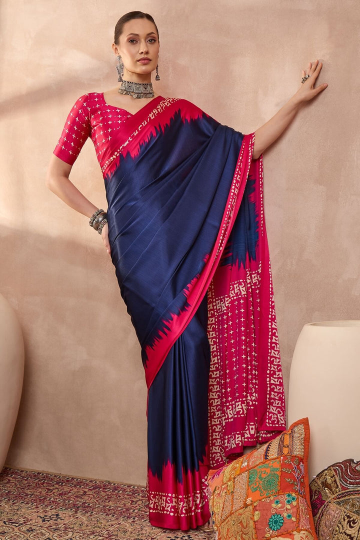Tuna Blue Printed Satin Silk Saree