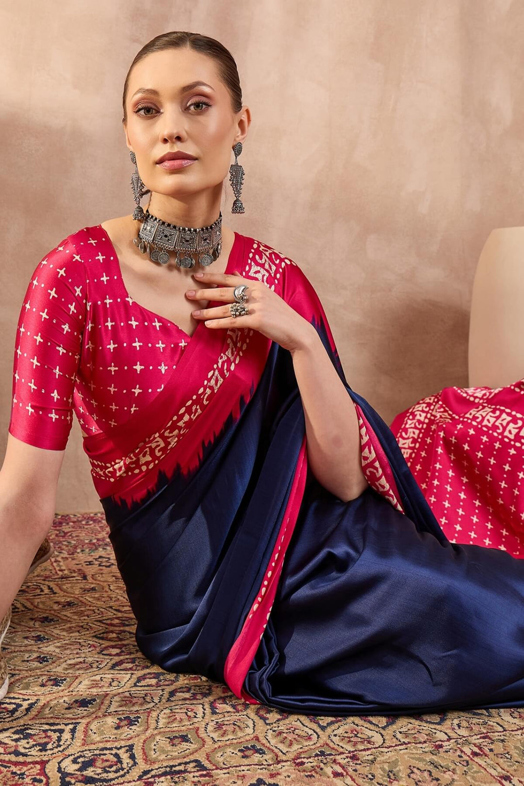 Tuna Blue Printed Satin Silk Saree