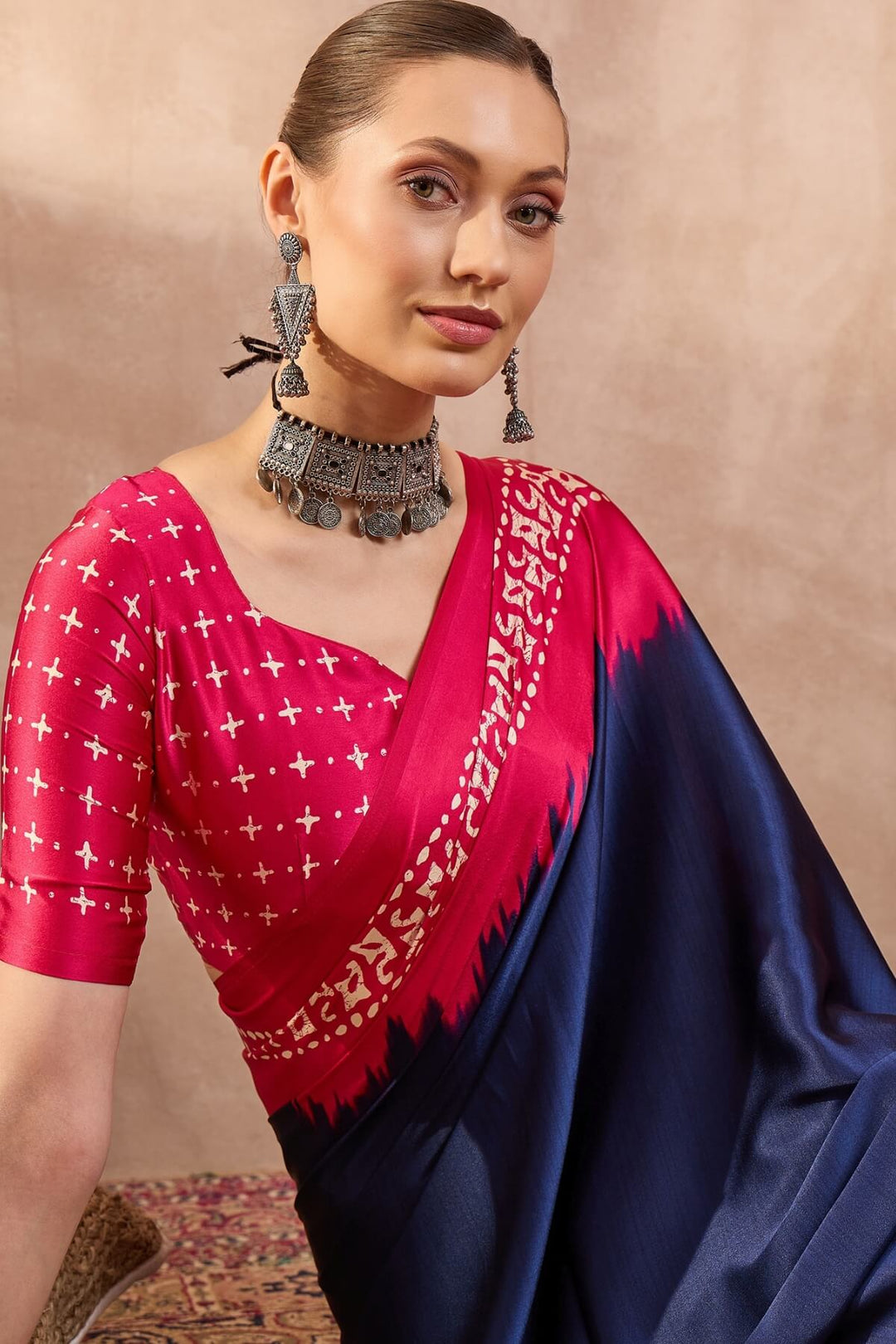 Tuna Blue Printed Satin Silk Saree
