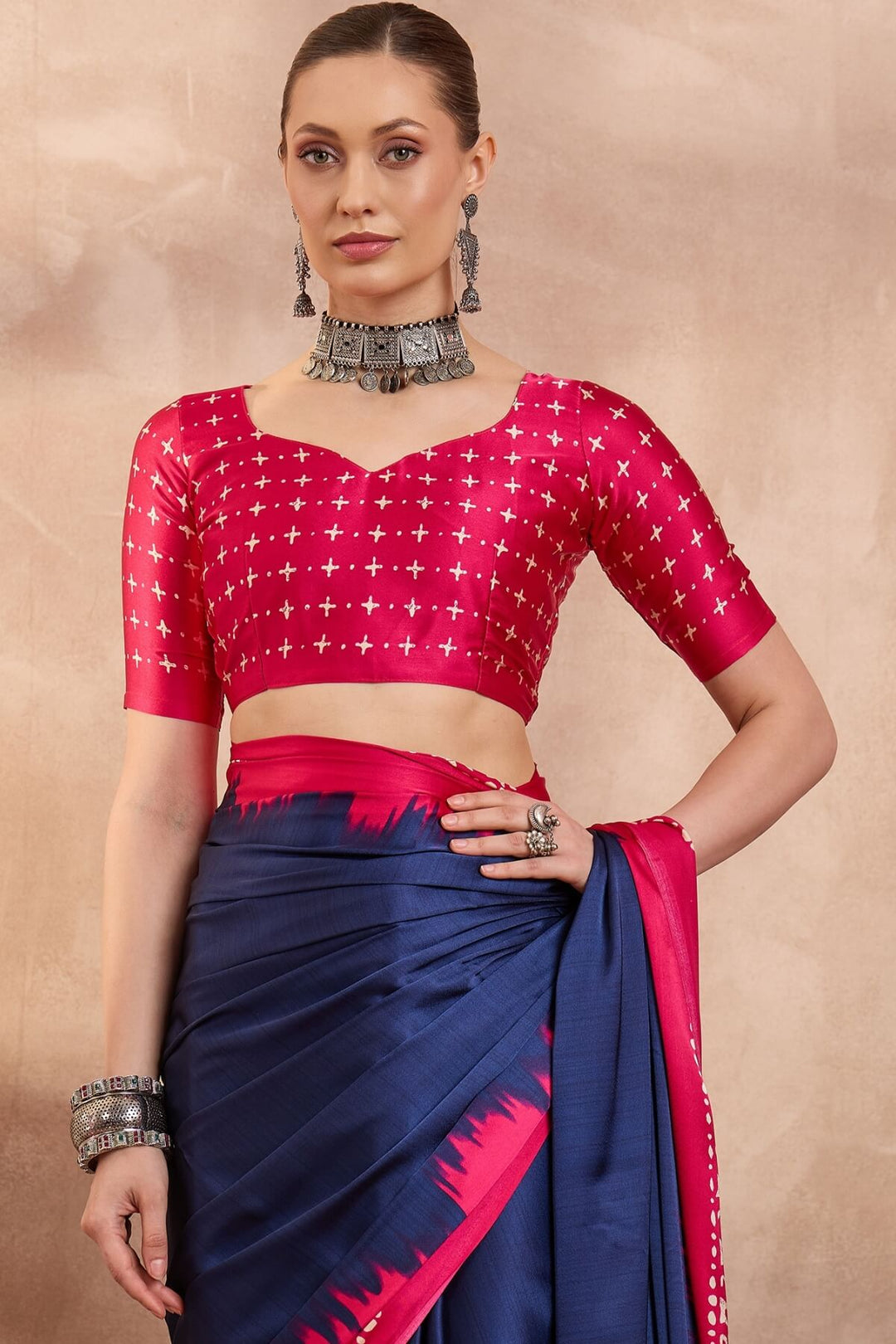 Tuna Blue Printed Satin Silk Saree