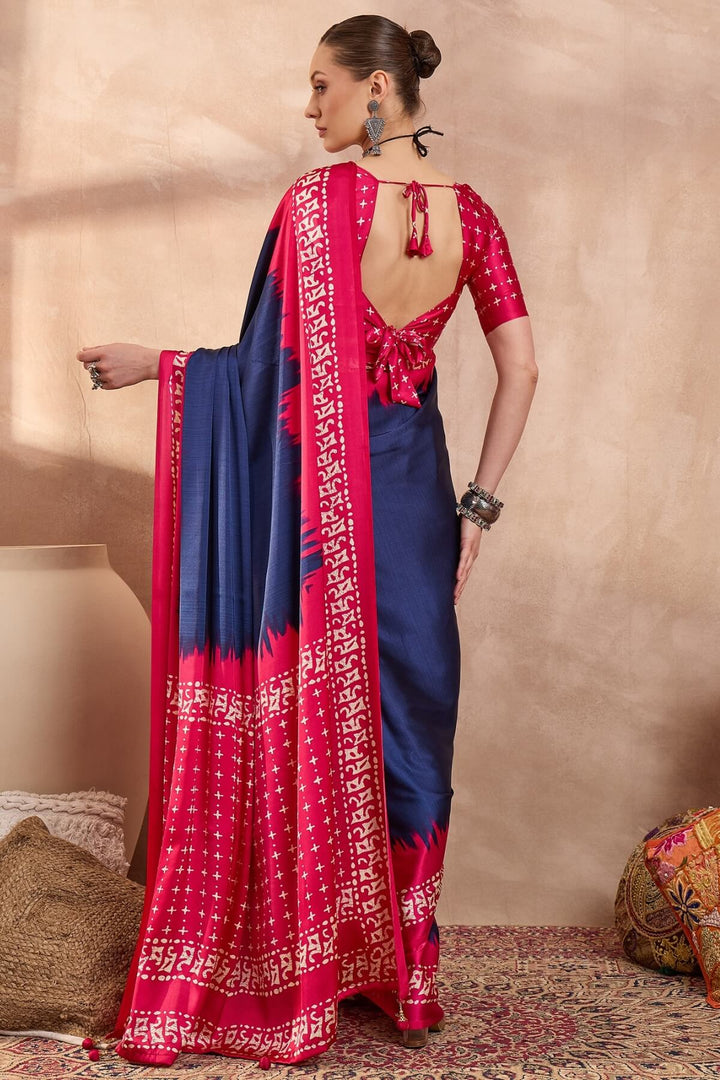 Tuna Blue Printed Satin Silk Saree