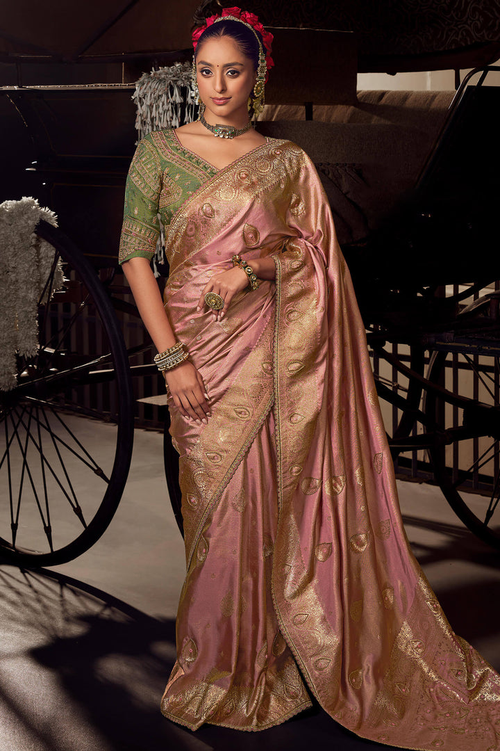 Turkish Rose Pink Pure Satin Based Fancy Silk Saree with Designer Blouse Piece