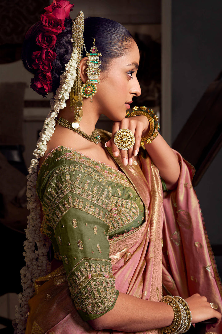 Turkish Rose Pink Pure Satin Based Fancy Silk Saree with Designer Blouse Piece