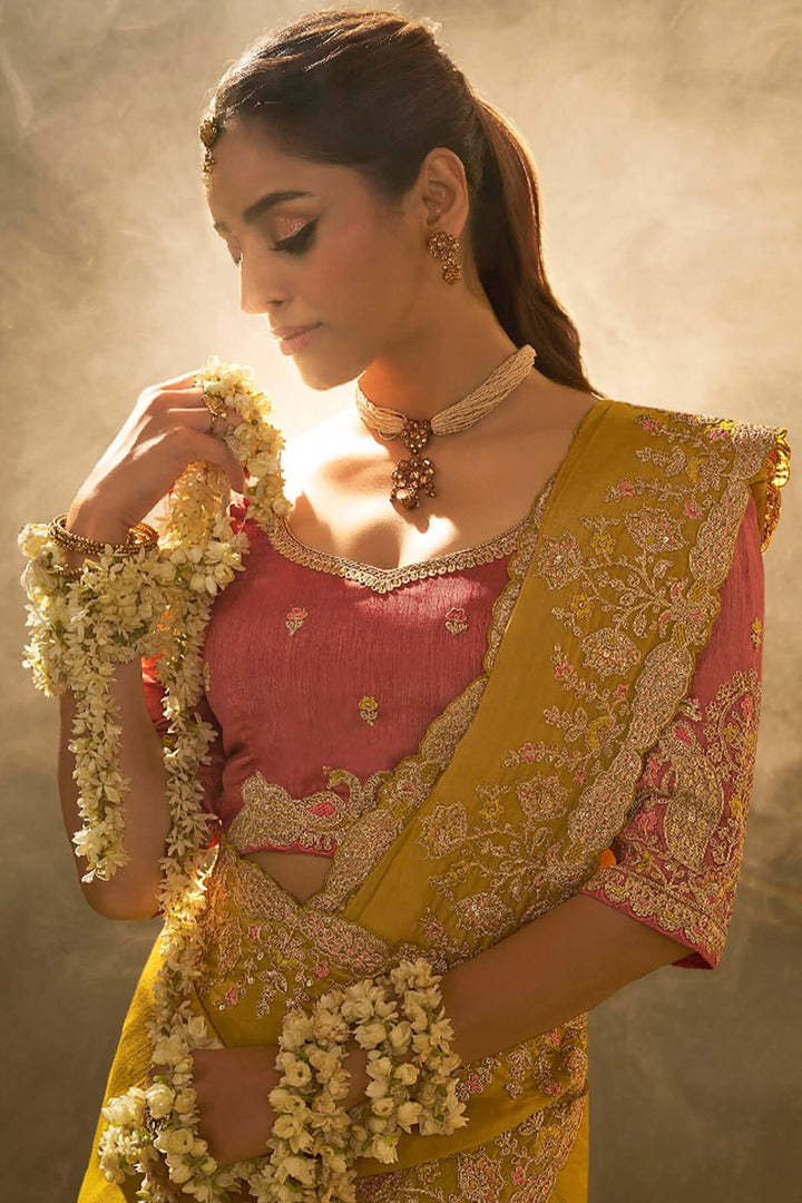 Turmeric Yellow Embroidery saree with Designer Embroidery Blouse