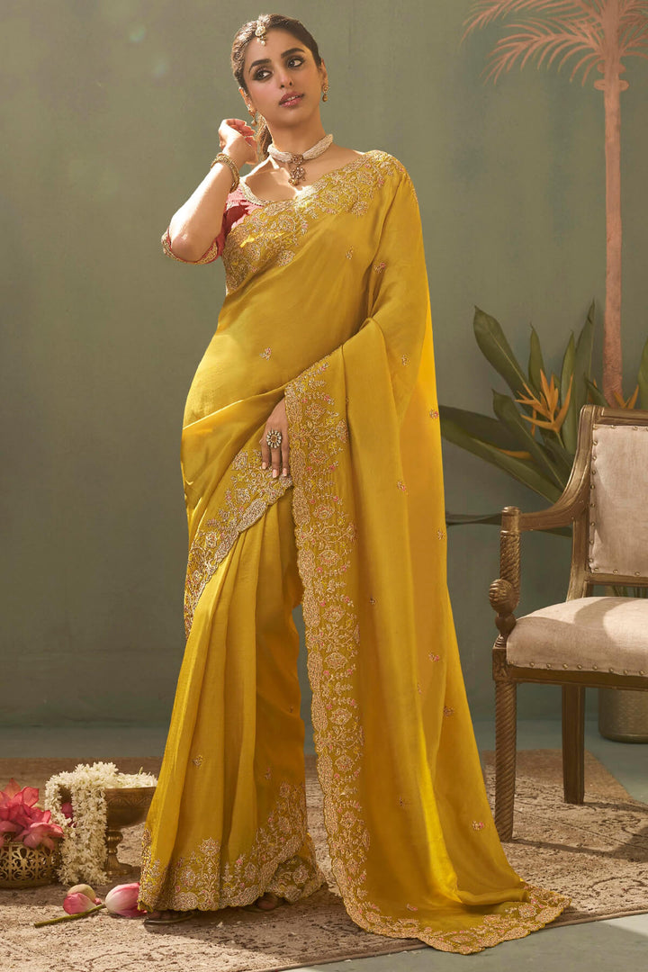 Turmeric Yellow Embroidery saree with Designer Embroidery Blouse