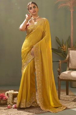 Turmeric Yellow Embroidery saree with Designer Embroidery Blouse